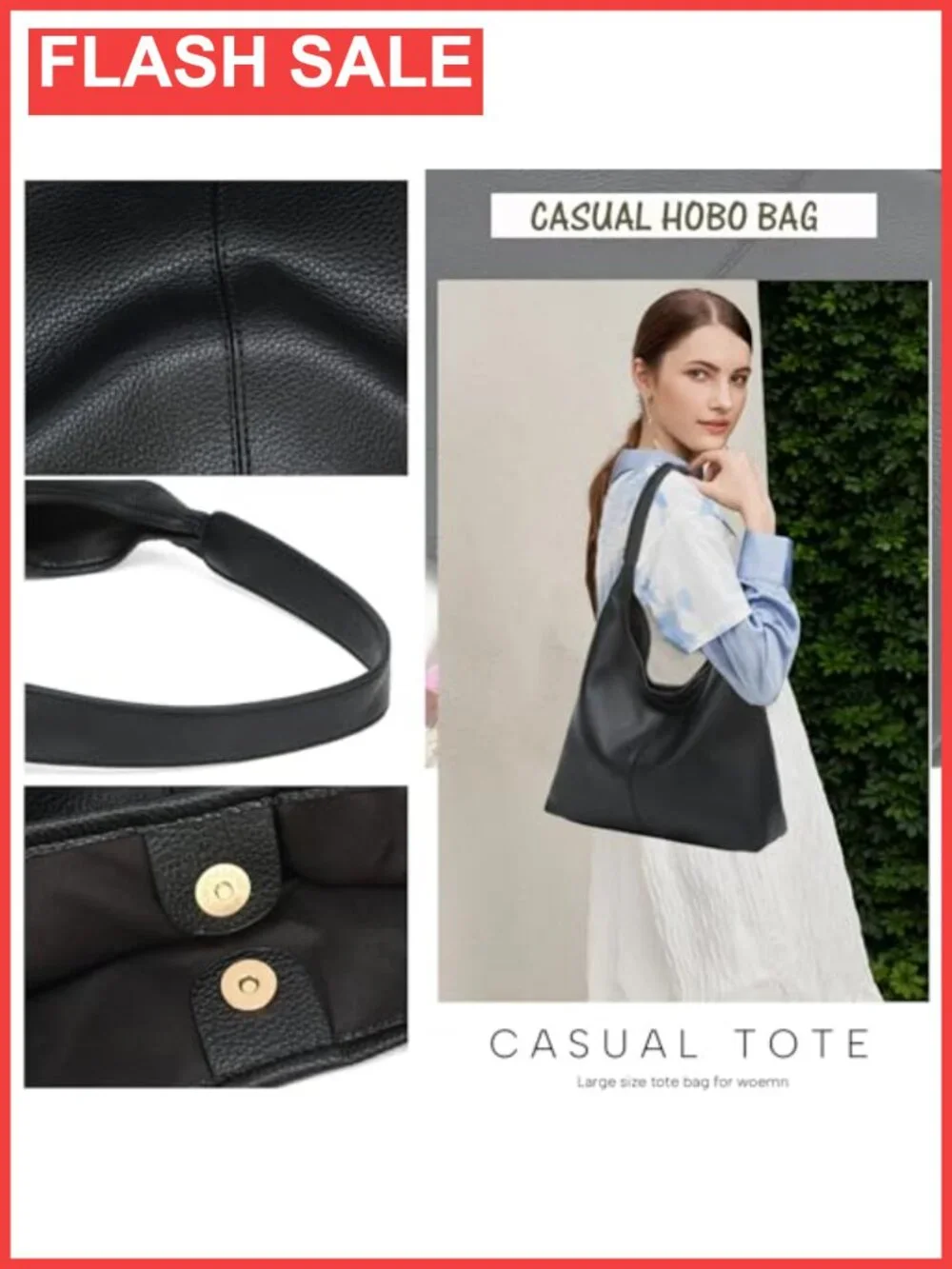 Slouchy Hobo Shoulder Bag Soft PU Leather Large Tote Purse for Work Travel